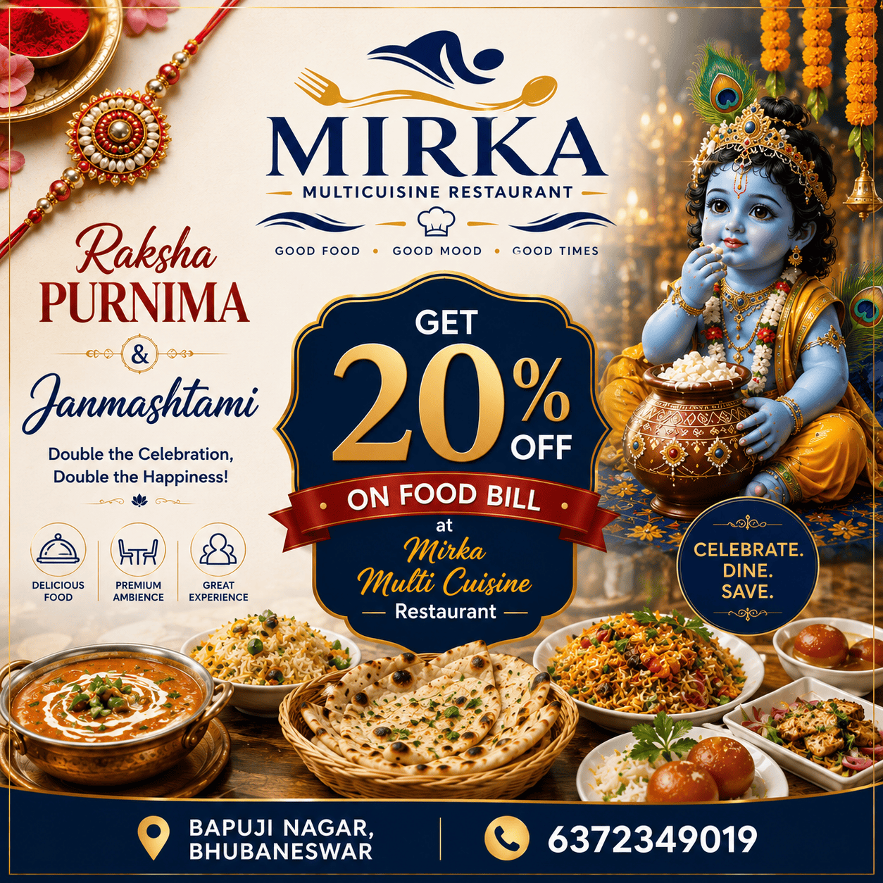Raksha Purnima offer Bhubaneswar, Janmashtami offer Bhubaneswar, Raksha Bandhan restaurant Bhubaneswar, Janmashtami restaurant Bhubaneswar, 20% off food Bhubaneswar, restaurant offers Bhubaneswar, best restaurant in Bhubaneswar, family restaurant Bhubaneswar, multicuisine restaurant Bhubaneswar, restaurant in Bapuji Nagar, best restaurant in Bapuji Nagar, family dining Bhubaneswar, festive dining Bhubaneswar, Hotel Mirka Plaza, Mirka Multicuisine Restaurant